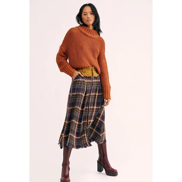 Free People Avril Flannel Plaid Raw Hem Denim Top Maxi Skirt